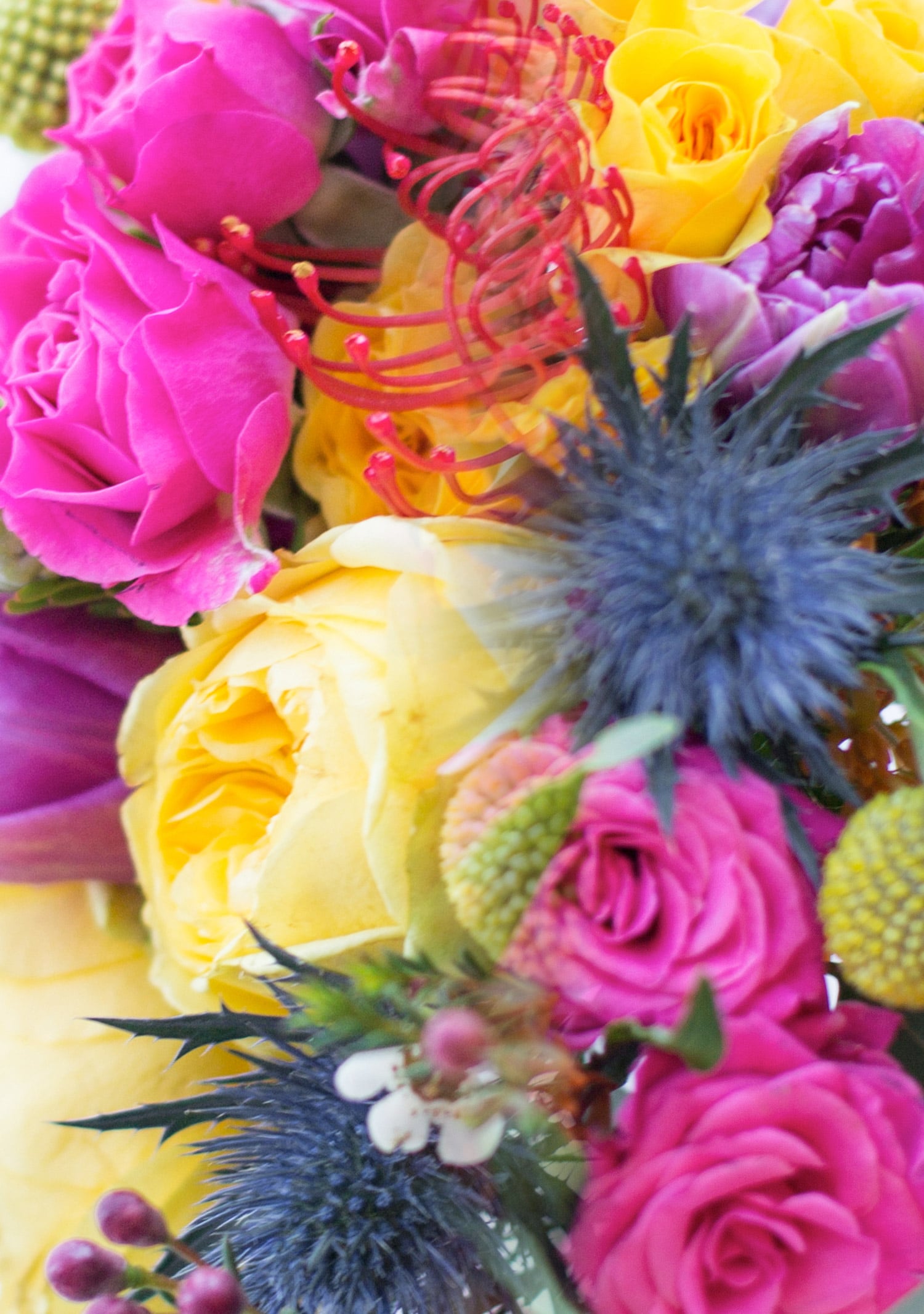 A vibrant bouquet features yellow roses, purple tulips, pink roses, spiky blue thistles, and round yellow flowers, arranged densely together.