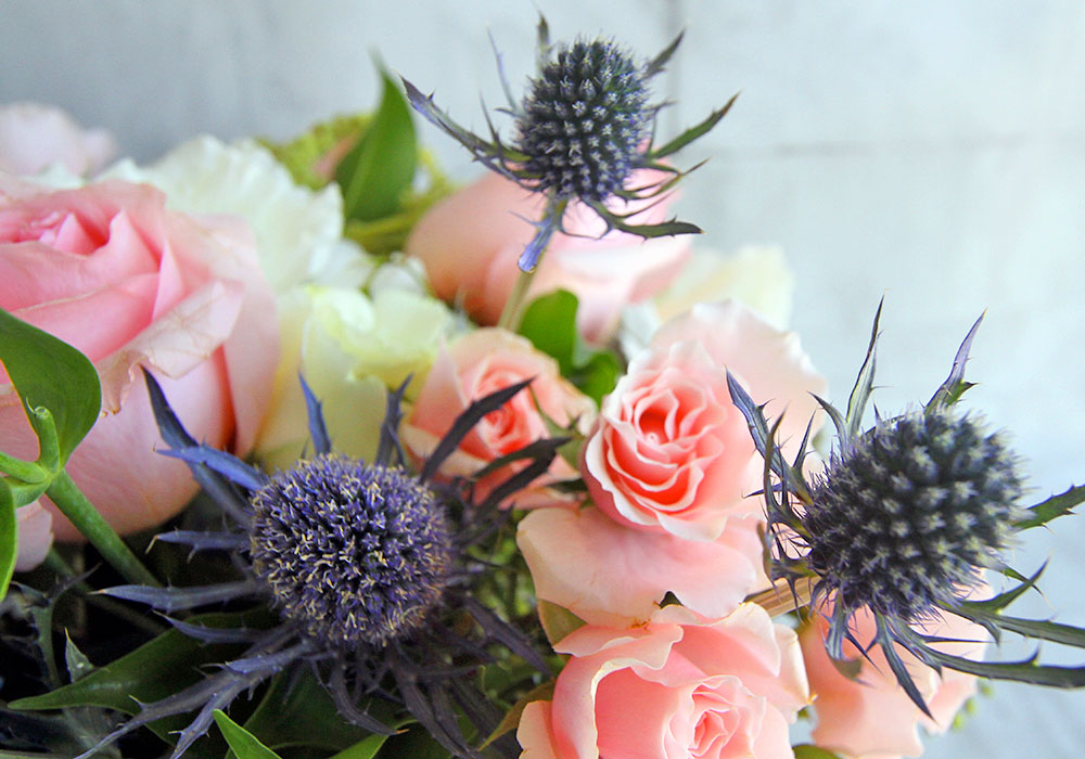 Three thistles mingle with pink and white roses