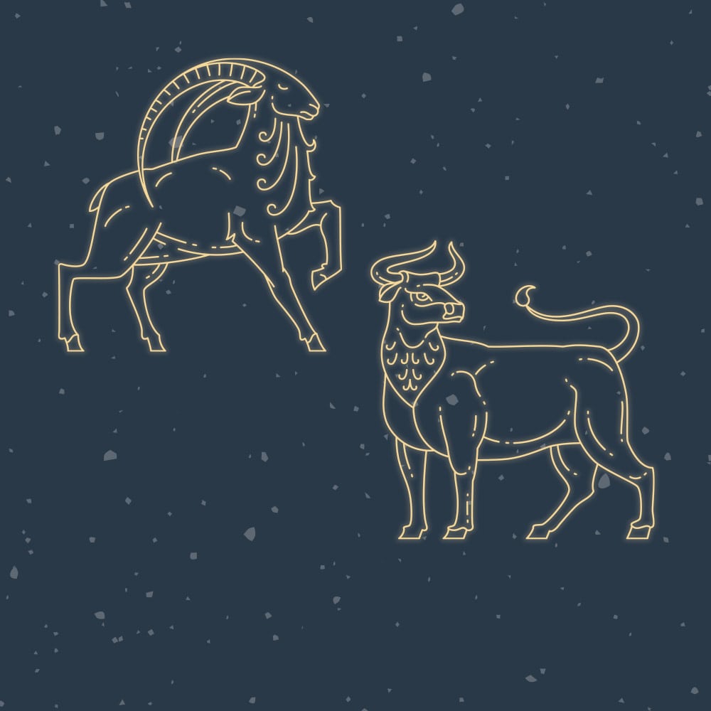 Two glowing, outlined constellation symbols, one of a mountain goat and the other of a bull, displayed on a dark, star-sprinkled background.